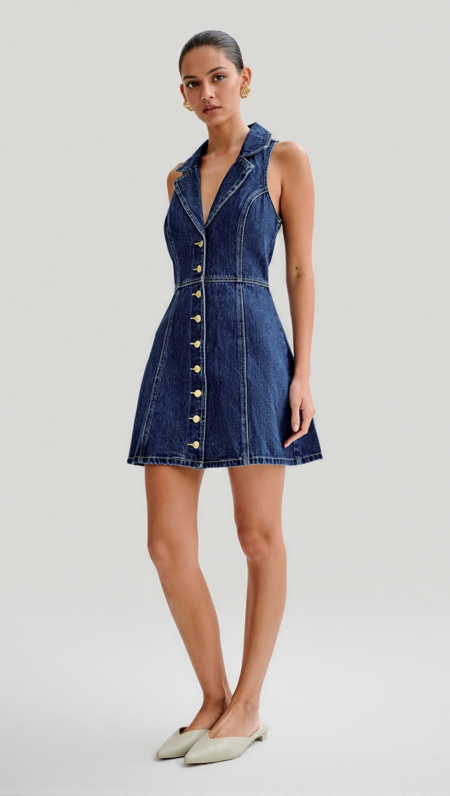 EARTHA COLLARED DENIM MINI DRESS - DARK BLUE