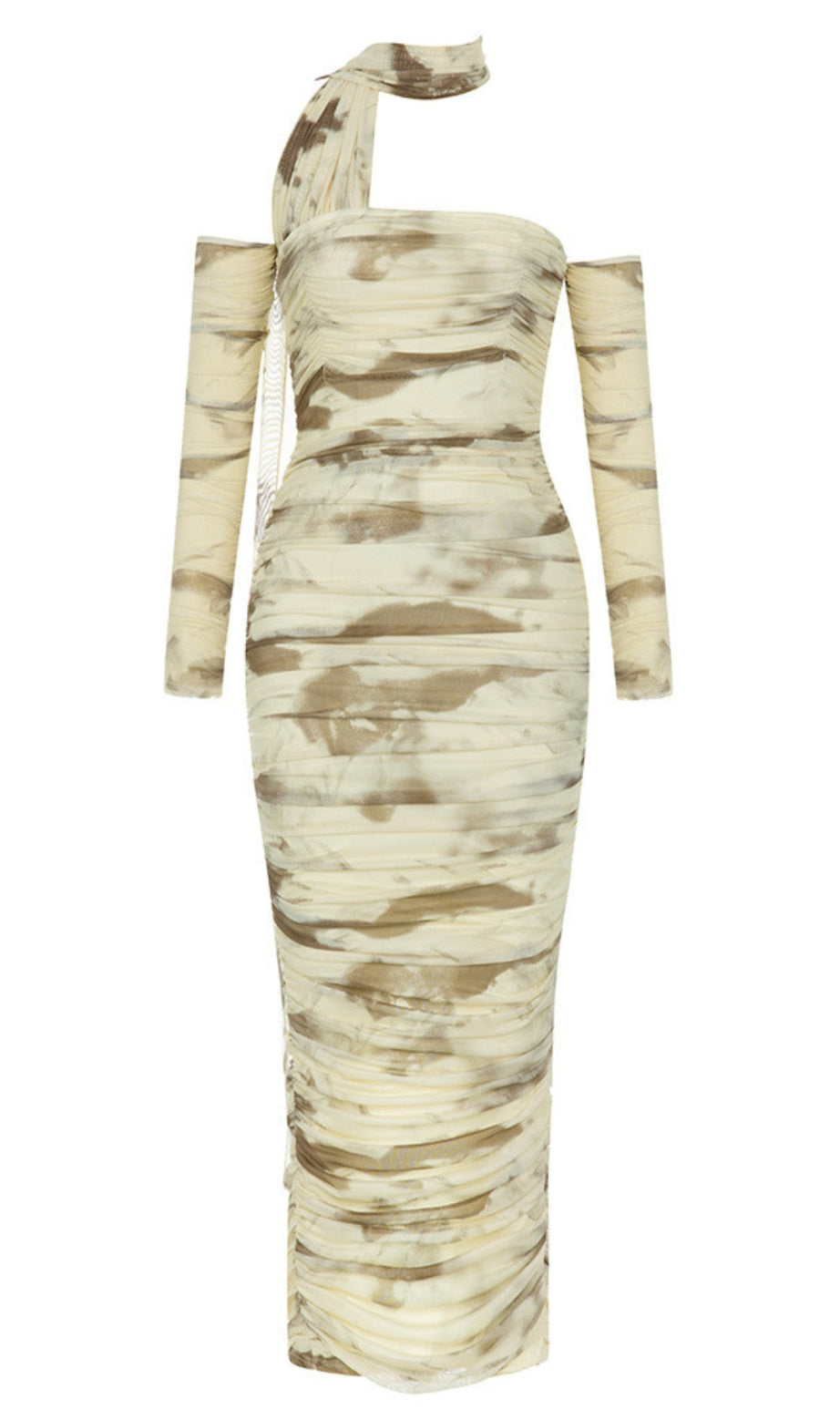Abito midi tie-dye monospalla con balze beige e marrone