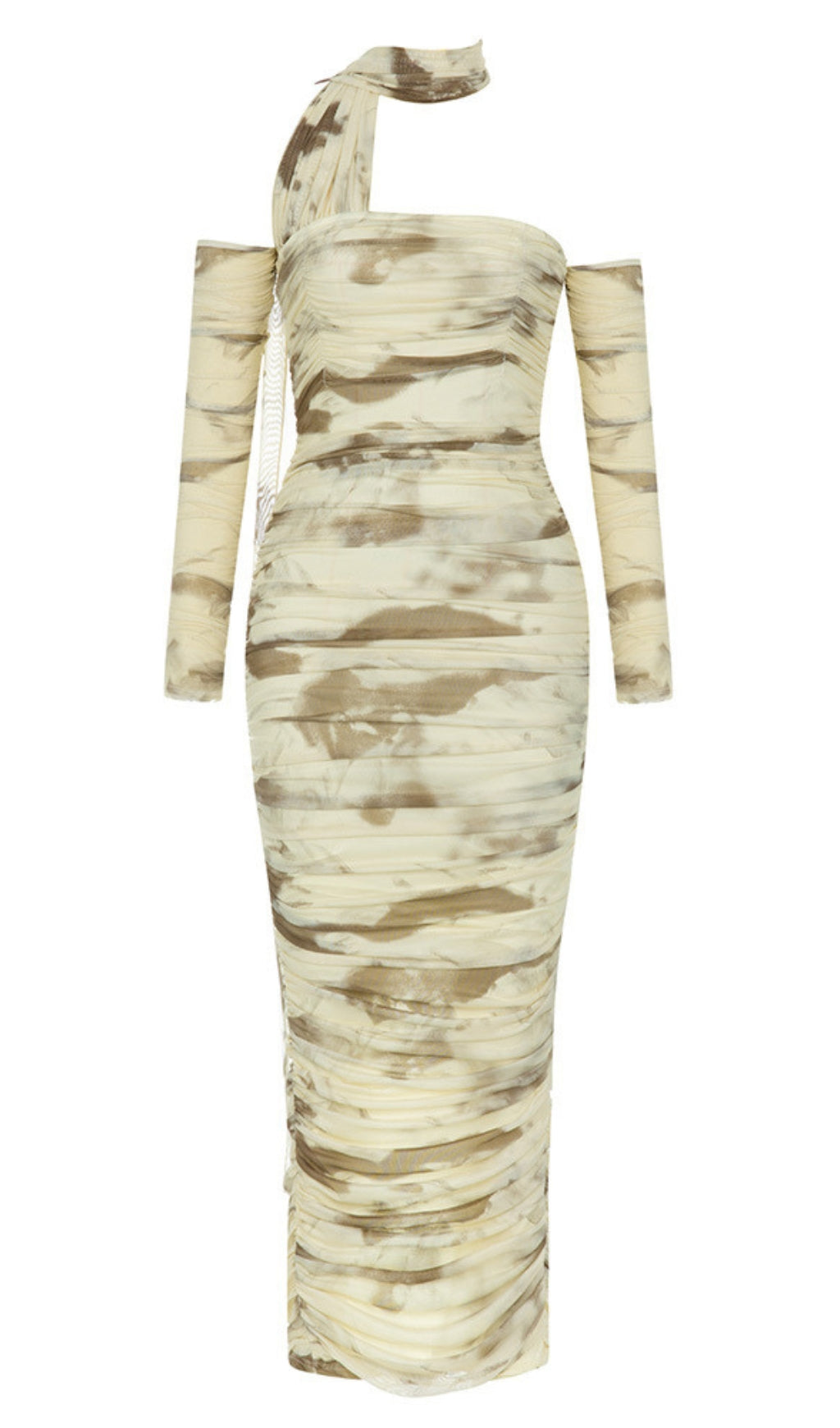 Abito midi tie-dye monospalla con balze beige e marrone