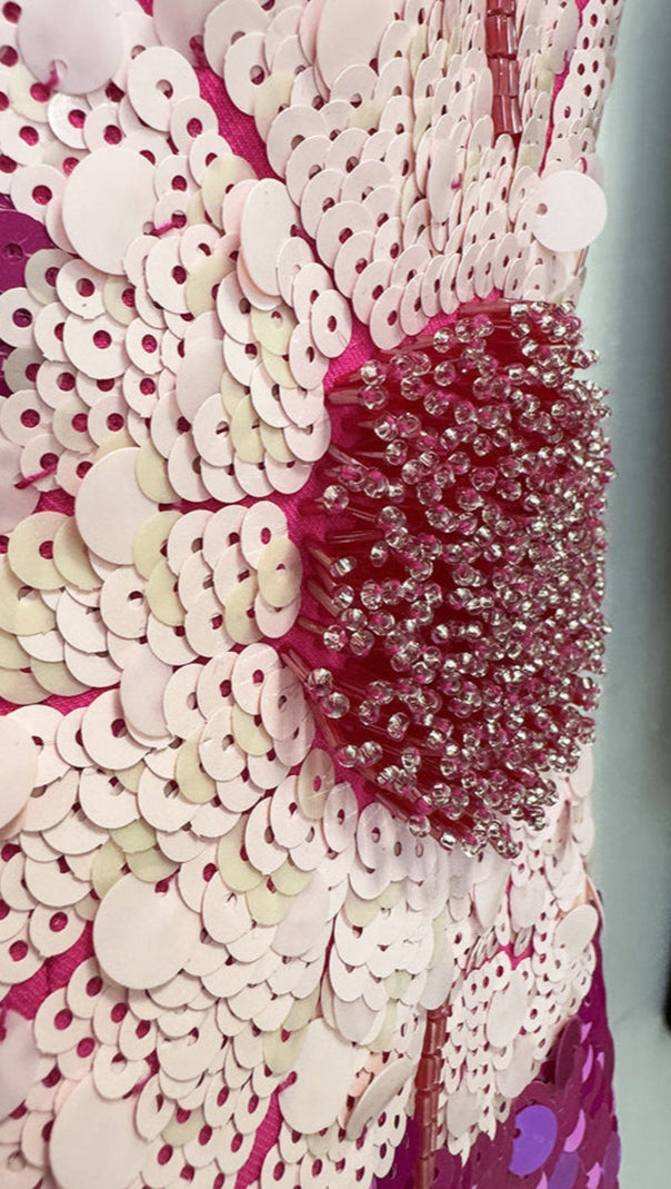 AIIZIE SEQUIN FLOWER EMBELLISHED PUFF SLEEVE MIDI DRESS IN PINK - product image