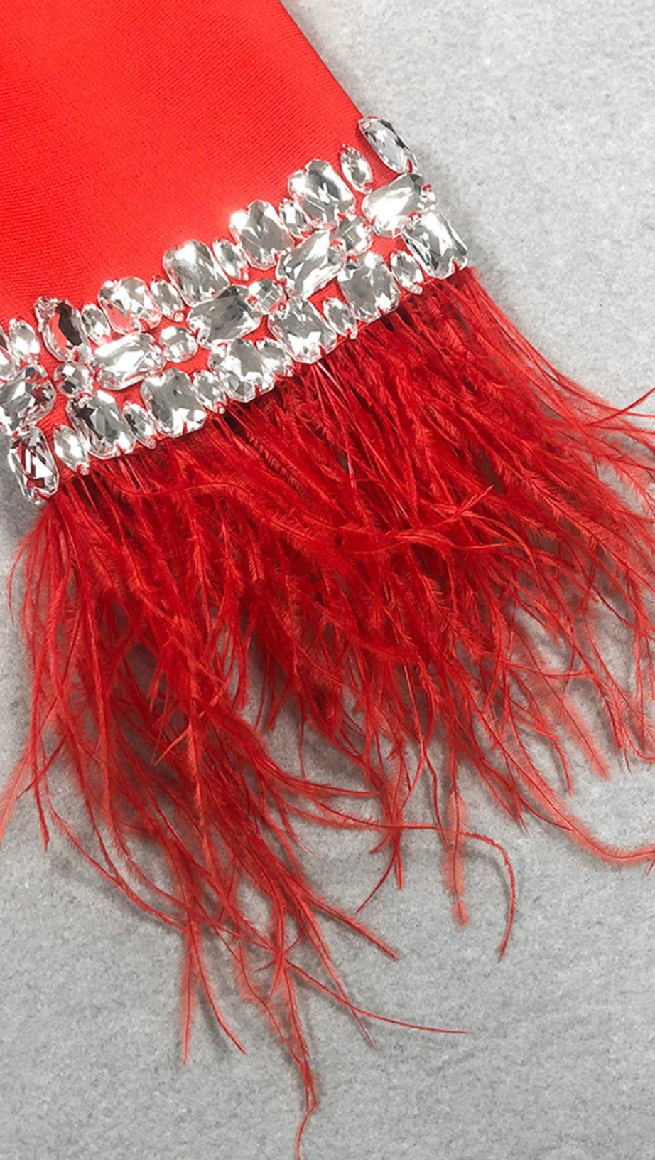 RHINESTONE - FEATHER RUFFLE - HEM LONG - SLEEVE MINI DRESS IN  RED