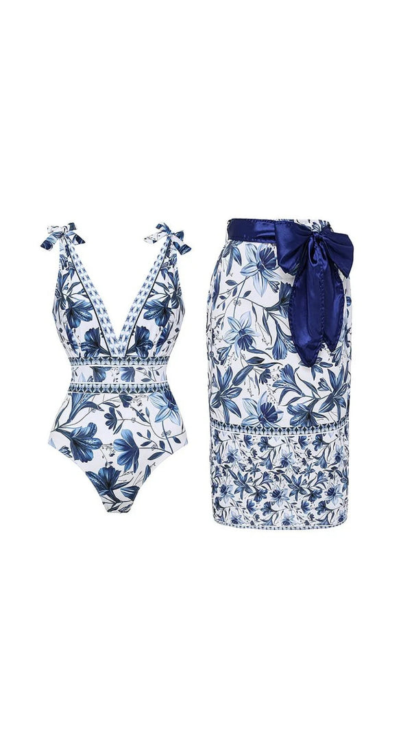 AIIZIE V-NECK LACE PATTERNED PRINTED ONE-PIECE SWIMSUIT AND SKIRT - product image