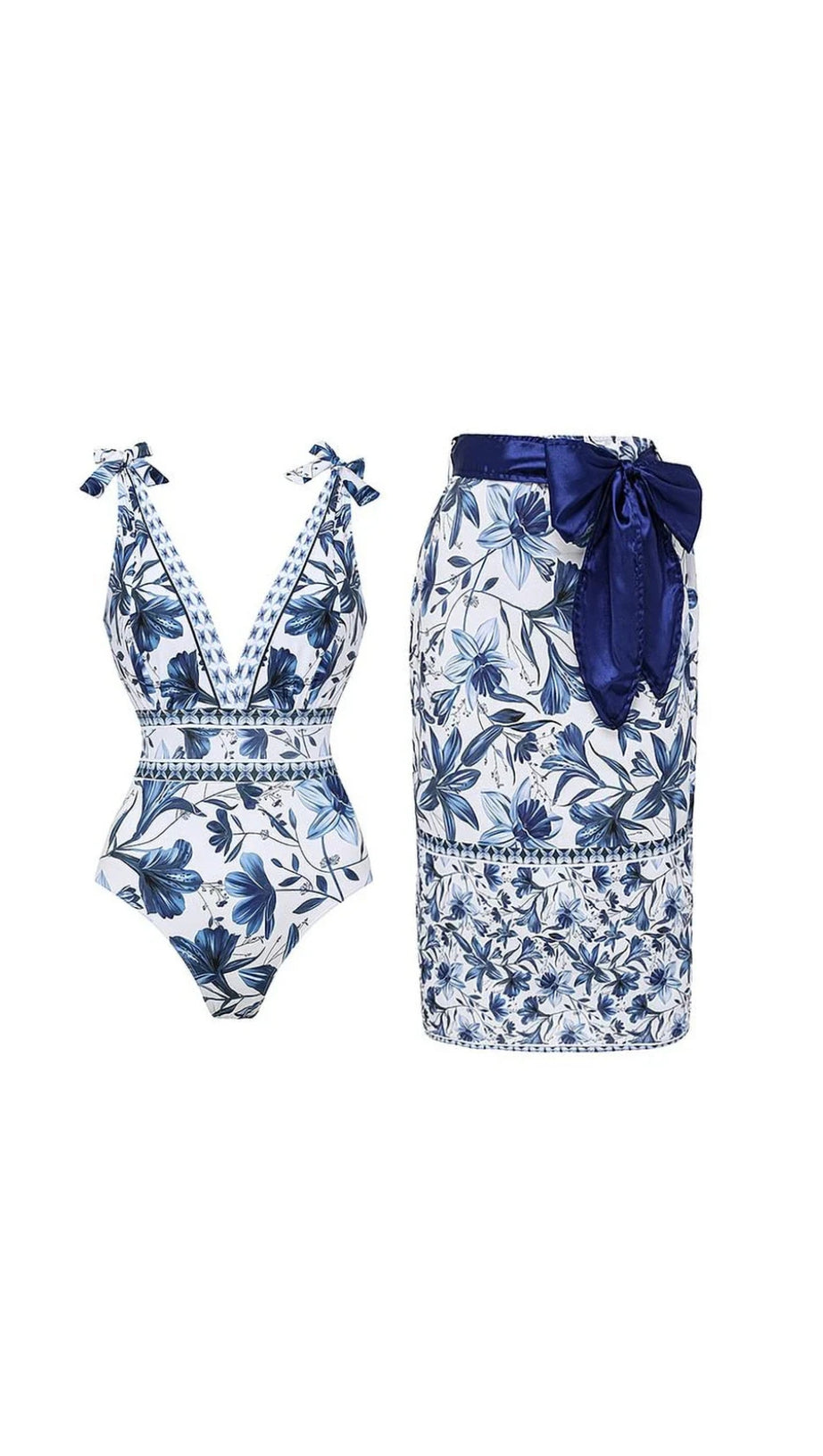 V-NECK LACE PATTERNED PRINTED ONE-PIECE SWIMSUIT AND SKIRT