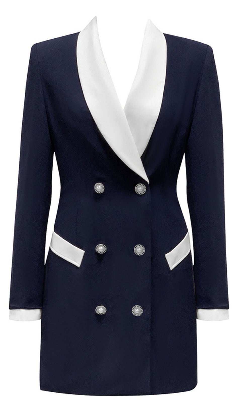 WHITE - TRIM DOUBLE - BREASTED BLAZER DRESS IN BLUE