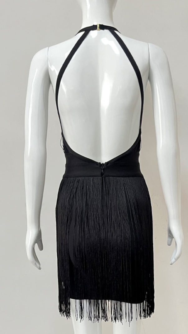 AIIZIE HALTER NECK FRINGE TRIM BANDAGE MINI DRESS IN BLACK - product image