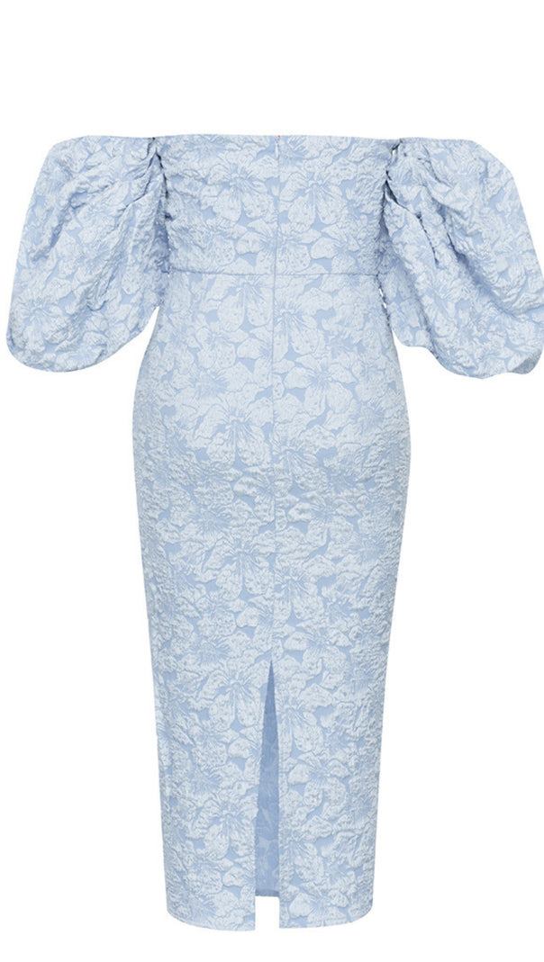 AIIZIE FLORAL - JACQUARD OFF - SHOULDER MIDI DRESS IN BLUE - product image