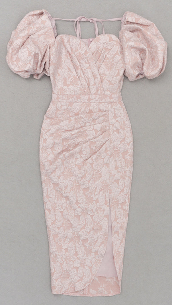 AIIZIE FLORAL - JACQUARD PUFF - SLEEVE SLIT MIDI DRESS IN PINK - product image