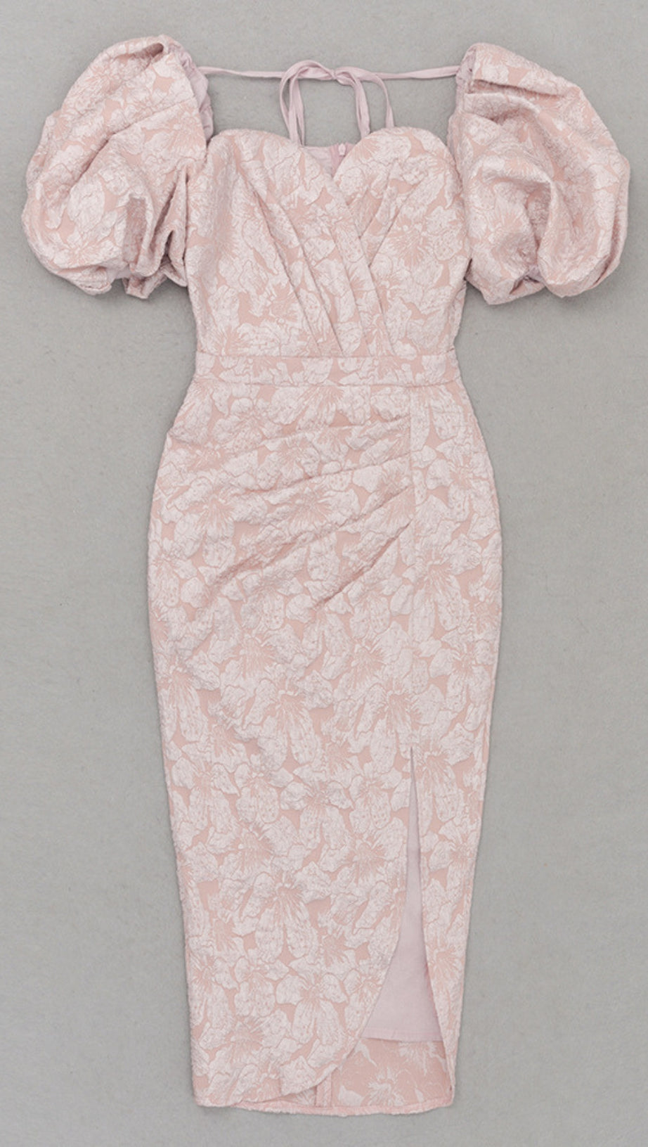FLORAL - JACQUARD PUFF - SLEEVE SLIT MIDI DRESS IN PINK