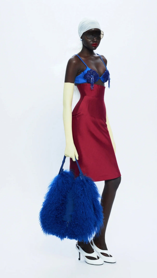 AIIZIE BLUE LACE BRALETTE AND RED SATIN PENCIL SKIRT SET - product image