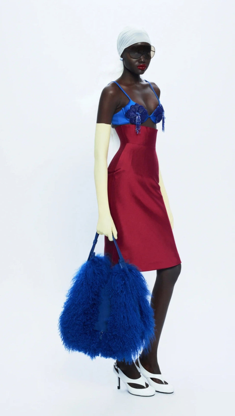 BLUE LACE BRALETTE AND RED SATIN PENCIL SKIRT SET