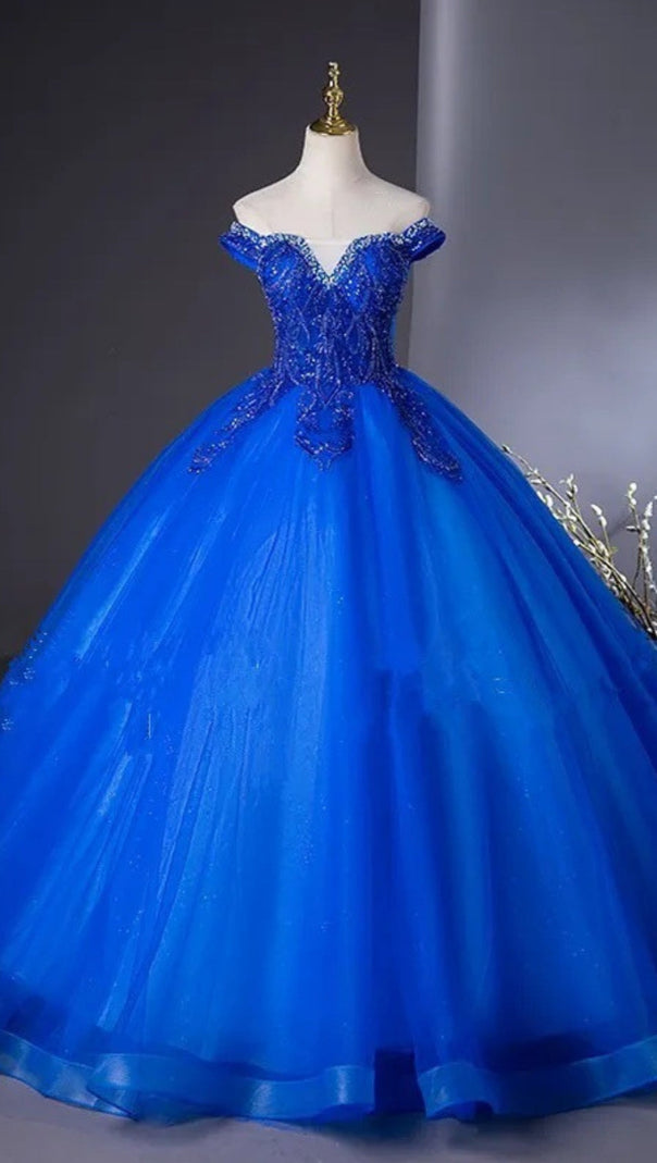 AIIZIE ROYAL BLUE BEADED CORSET BALL GOWN OFF SHOULDER PRINCESS - product image