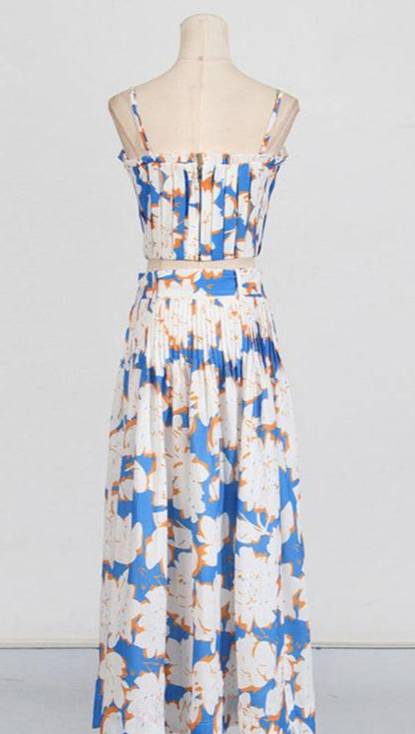 AIIZIE PLEATED FLORAL-PRINT LINEN BUSTIER TOP SKIRT SET IN BLUE - product image