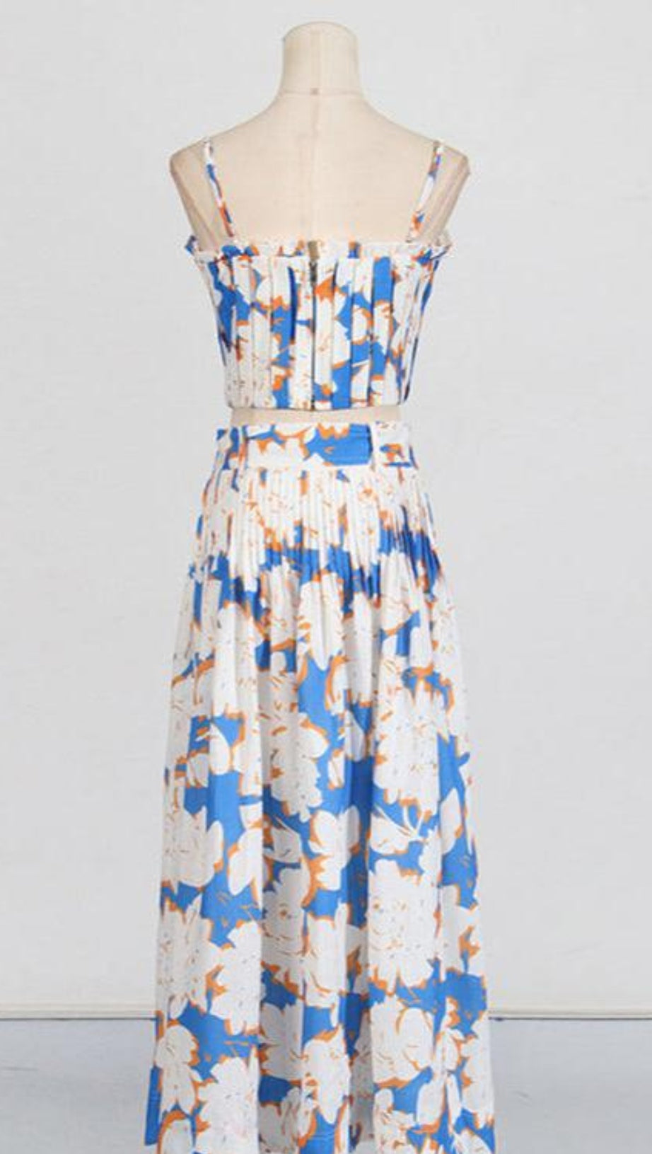 Plissiertes Bustier-Top-Rock-Set aus Leinen mit Blumenmuster in Blau