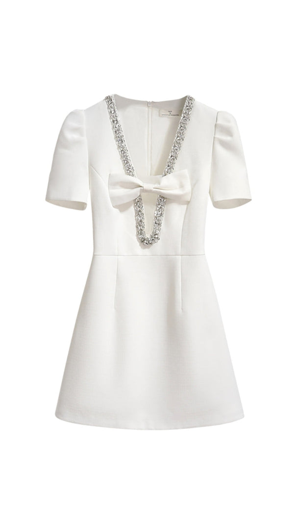 AIIZIE V-NECK DIAMOND CHAIN BOW MINI DRESS IN IVORY - product image