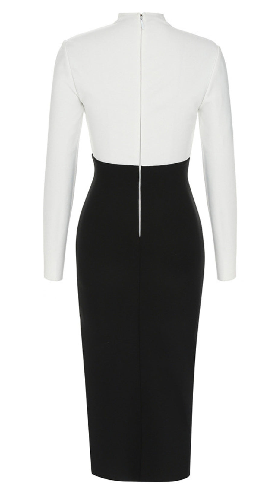 ASYMMETRIC WRAP MIDI DRESS IN BLACK AND WHITE