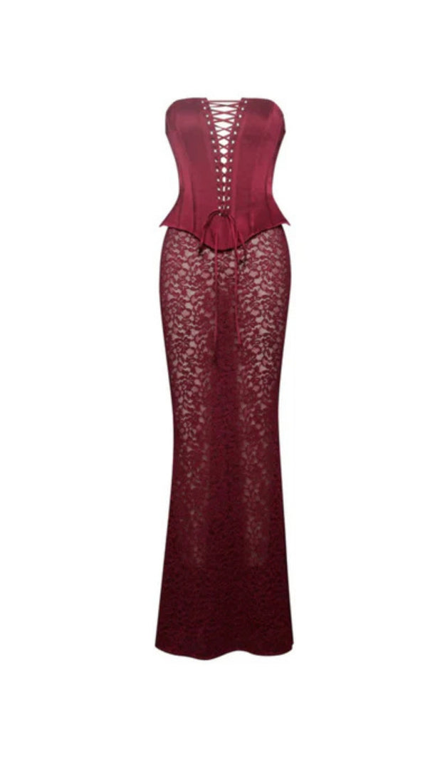 AIIZIE BURGUNDY SATIN LACE CORSET MAXI DRESS - product image