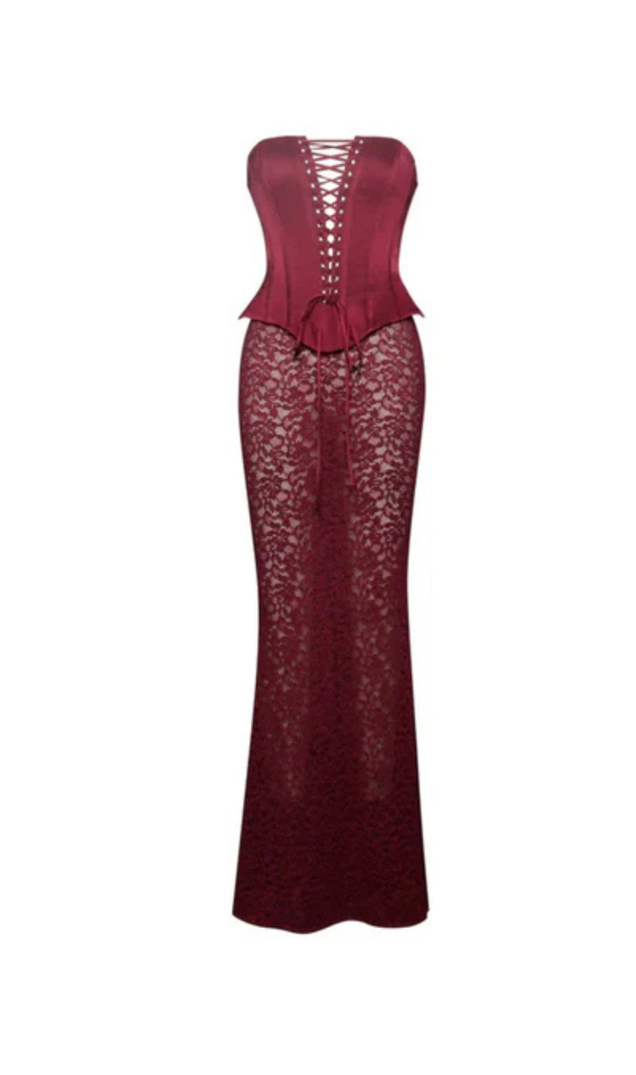 ABITO LUNGO CON CORSETTO IN PIZZO SATINATO BORDEAUX 