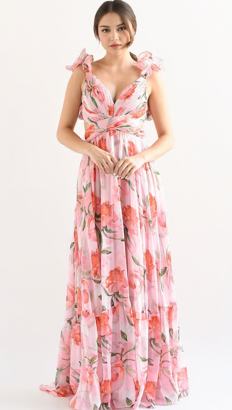 FLORAL PRINT RUFFLED BACKLESS MAXI DRESS IN PINK