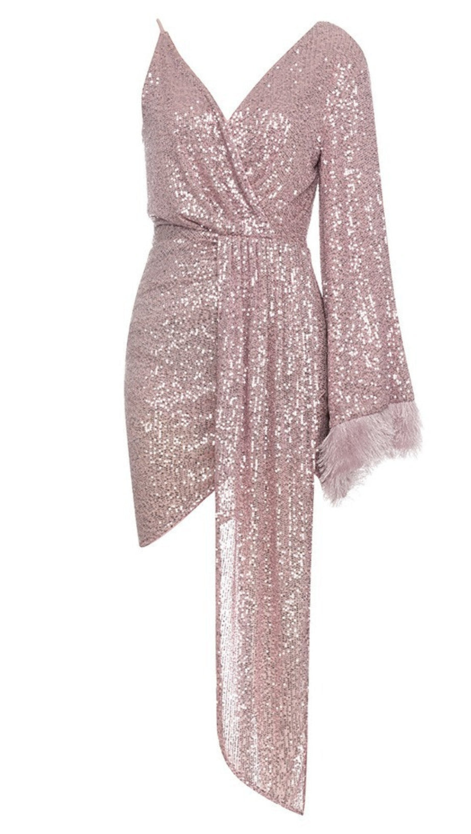 SEQUIN ASYMMETRIC FEATHER - CUFF WRAP DRESS IN PINK