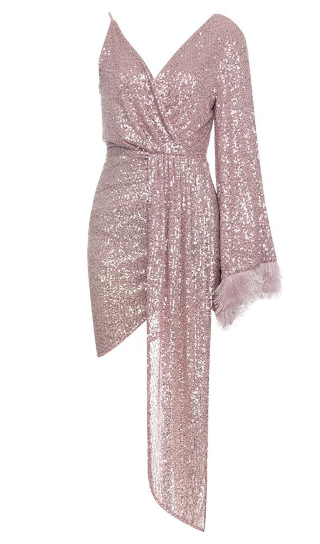 SEQUIN ASYMMETRIC FEATHER - CUFF WRAP DRESS IN PINK