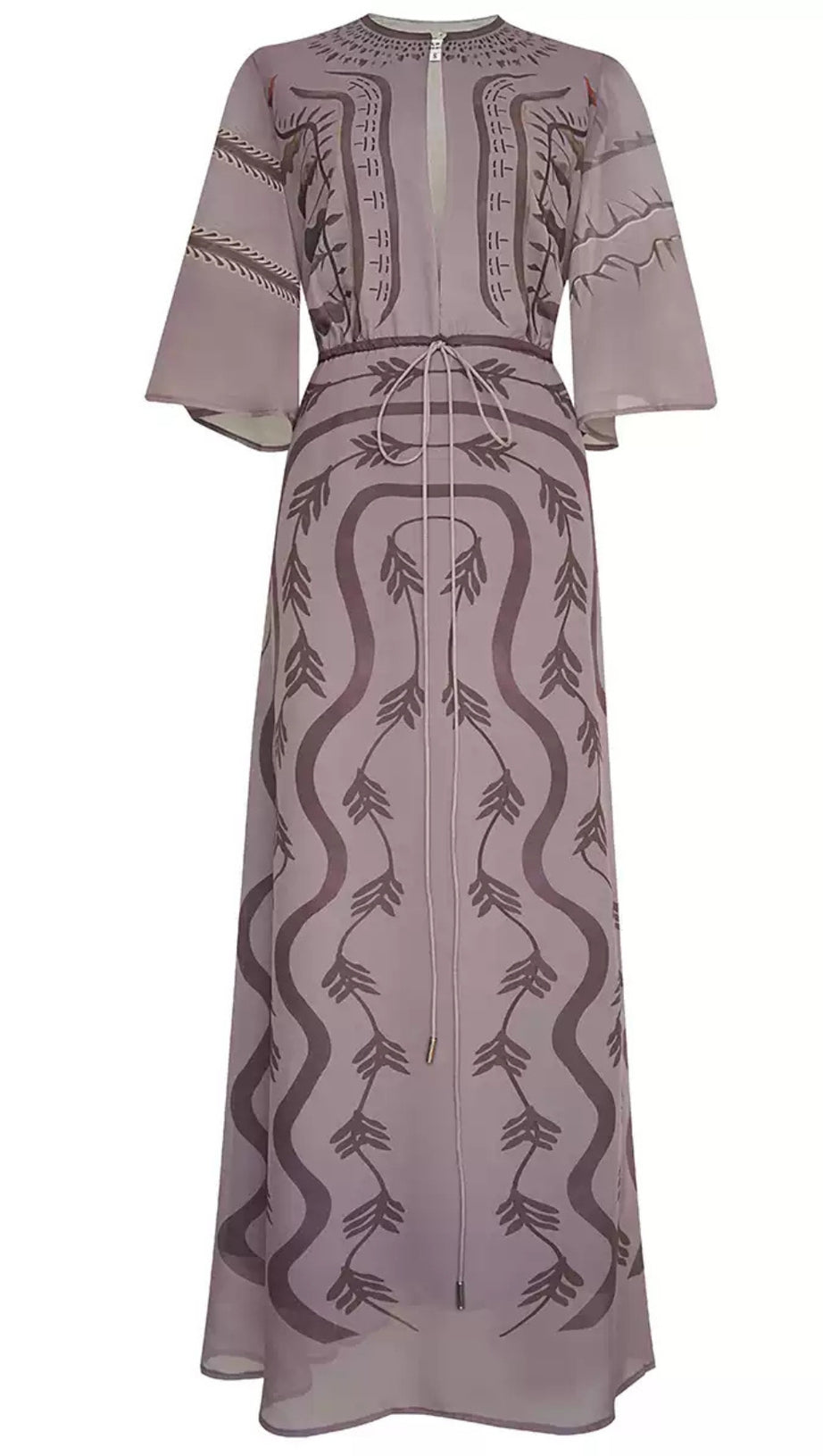 LILAC PRINTED MAXI DRESS WITH TIE - WAIST AND FLARED SLEEVES