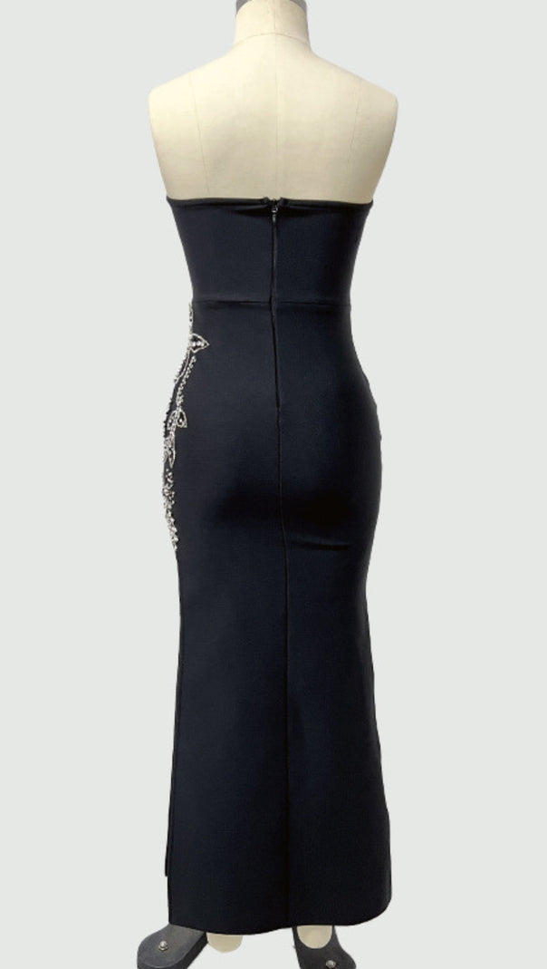 AIIZIE OFF SHOULDER RHINESTONE EMBELLISHED PLUNGE MAXI DRESS IN BLACK - product image