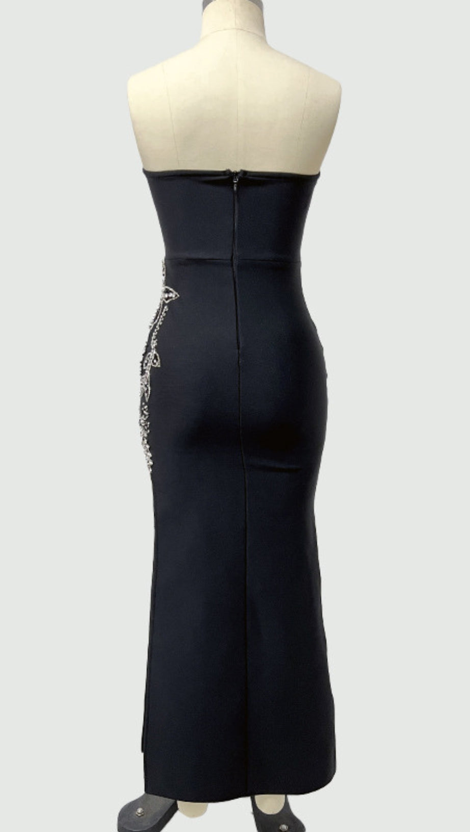 OFF SHOULDER RHINESTONE EMBELLISHED PLUNGE MAXI DRESS IN BLACK