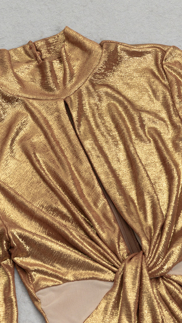 AIIZIE CUT - OUT TWIST FRONT FLARE - SLEEVE MAXI DRESS IN GOLD - product image