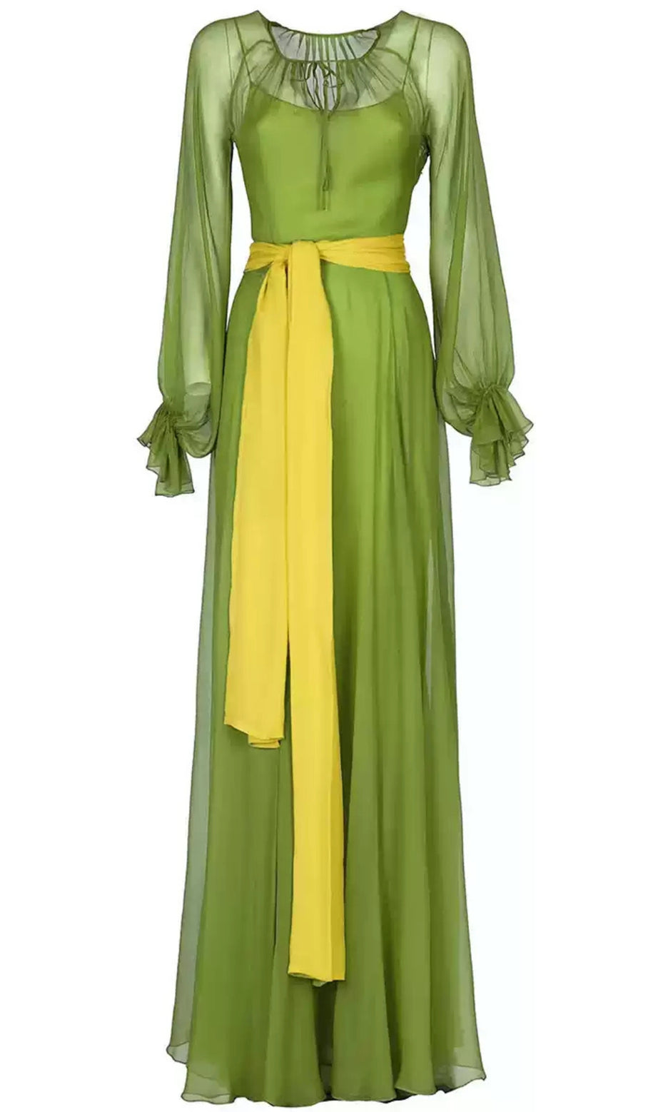 Green Chiffon Maxi Dress with Yellow Belt and Sheer Sleeves