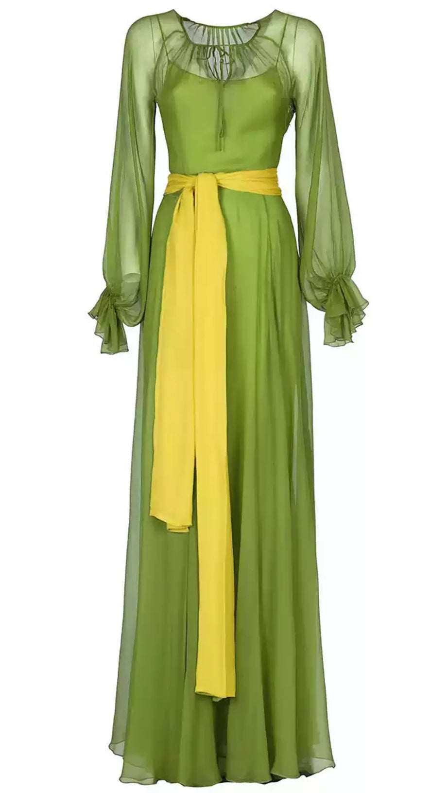 GREEN CHIFFON MAXI DRESS WITH YELLOW BELT AND SHEER SLEEVES