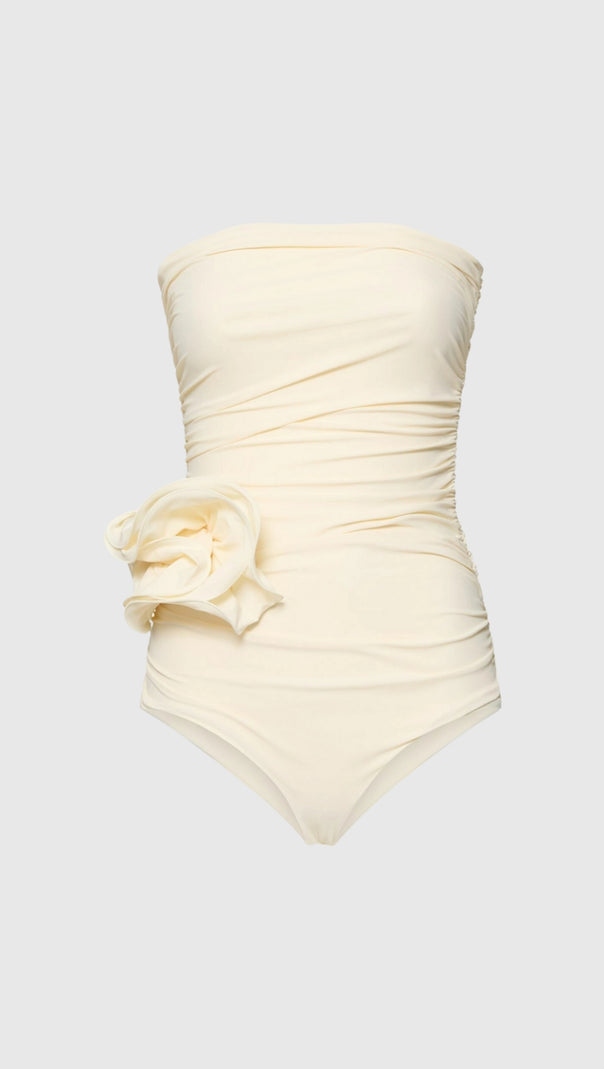 AIIZIE NANCY RUCHED FLOWER ONE PIECE SWIMSUIT IN CREAM - product image
