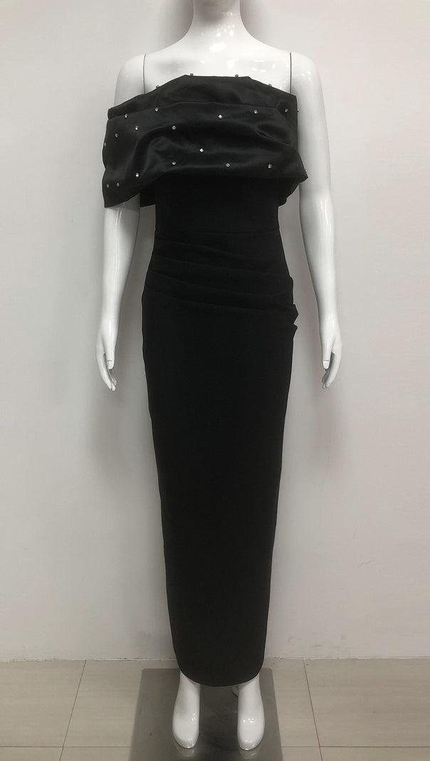 AIIZIE BLACK BEADED OFF SHOULDER RUCHED BODYCON MAXI DRESS - product image