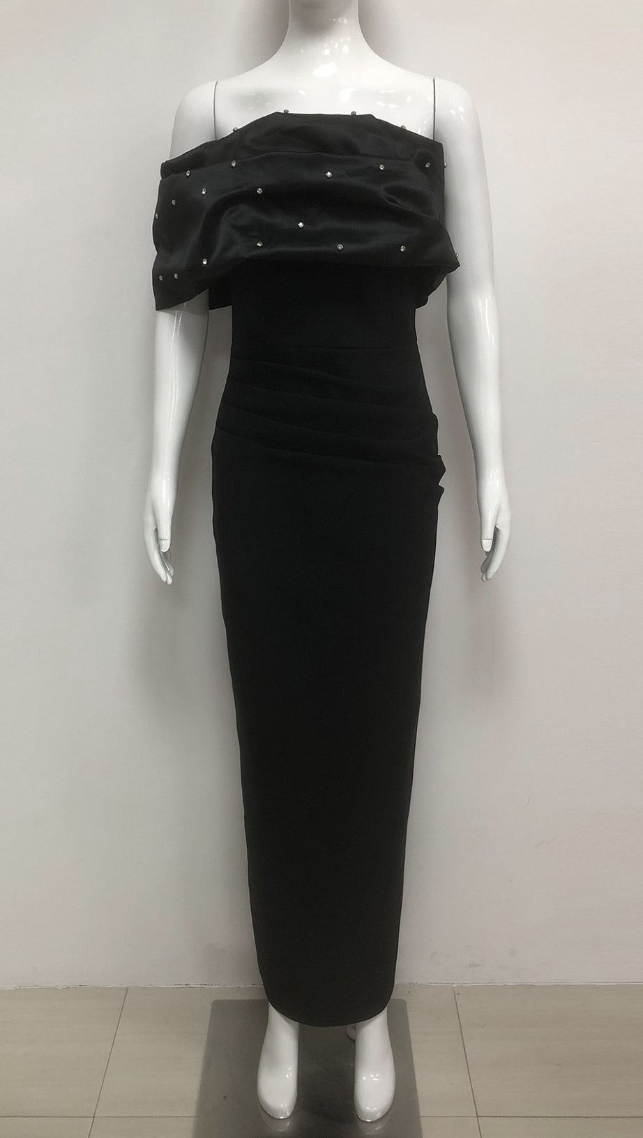 BLACK BEADED OFF SHOULDER RUCHED BODYCON MAXI DRESS