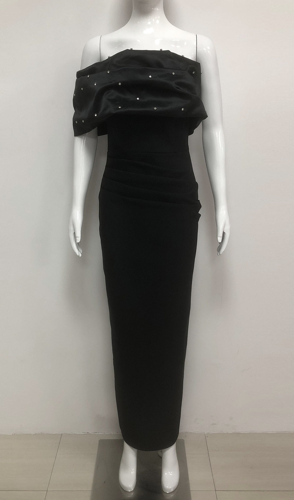 AIIZIE BLACK BEADED OFF SHOULDER RUCHED BODYCON MAXI DRESS - product image