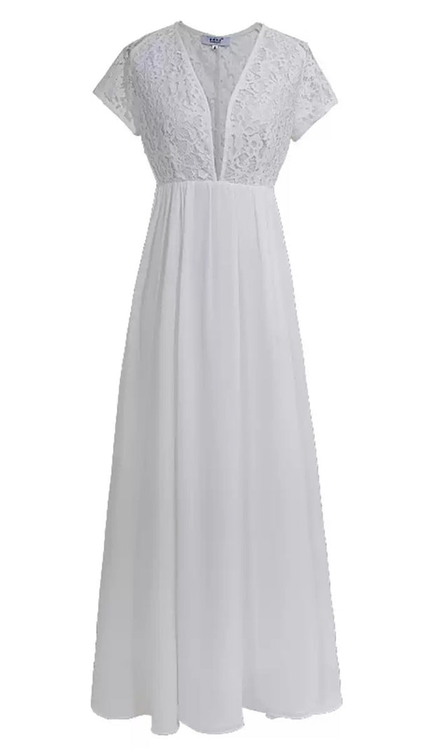 AIIZIE WHITE LACE V - NECK SHORT - SLEEVE MAXI DRESS - product image