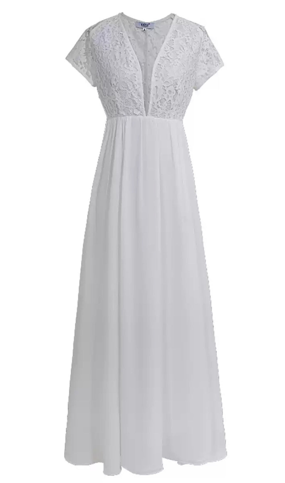 White Lace V - neck Short - Sleeve Maxi Dress