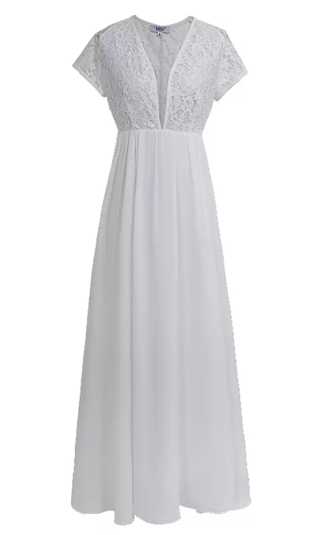 WHITE LACE V - NECK SHORT - SLEEVE MAXI DRESS