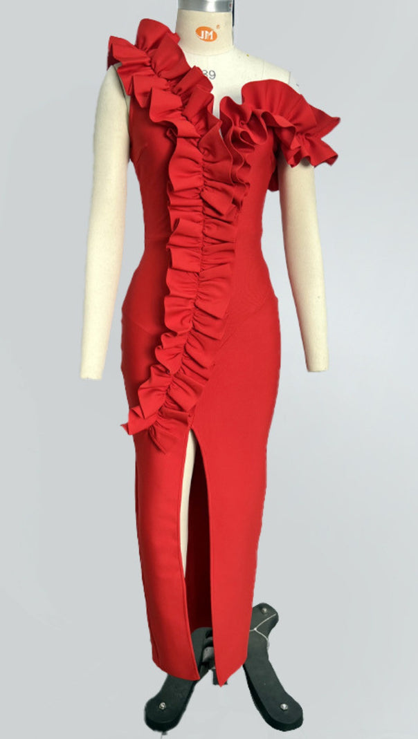 AIIZIE ONE - SHOULDER RUFFLE - TRIMMED SLIT MIDI DRESS IN RED - product image