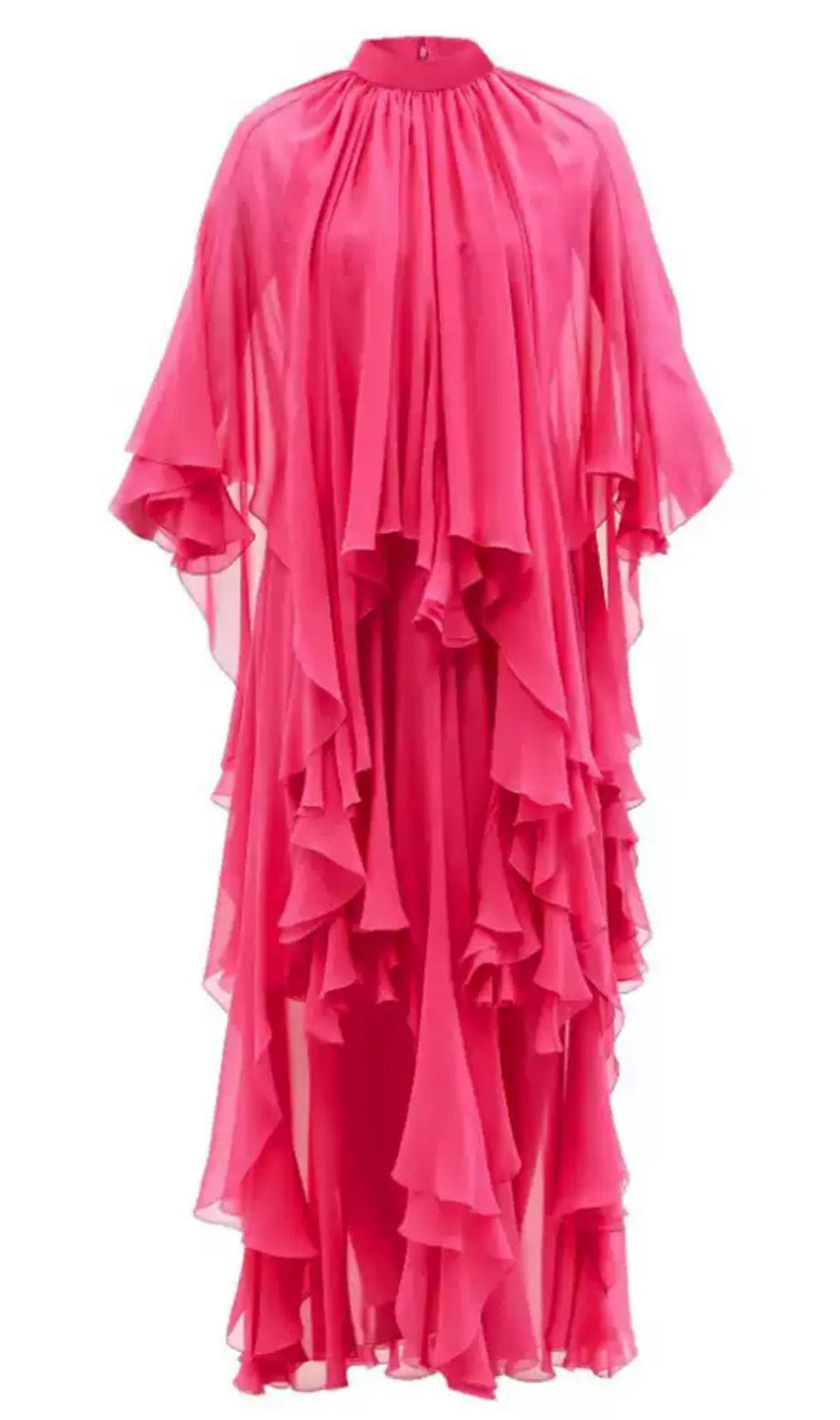 Abito lungo in chiffon rosa con volant e scollo alto 