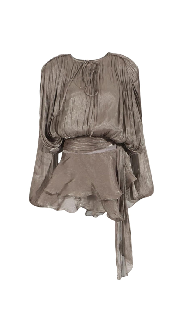 AIIZIE HERMOSA BALLOON SLEEVE RUCH RUFFLE MINI DRESS IN BROWN - product image