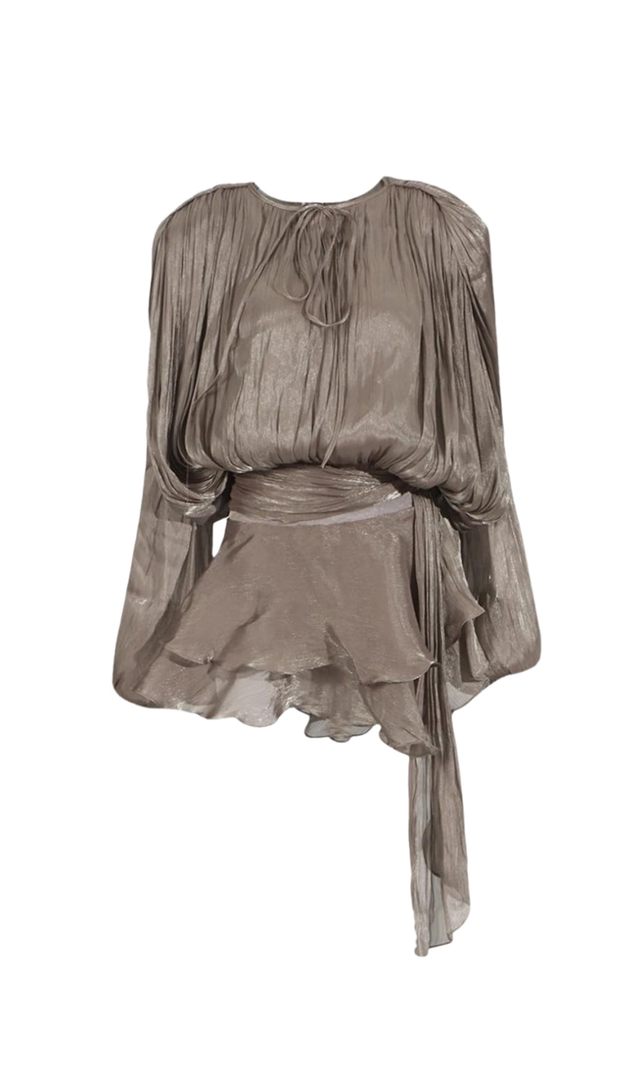 hermosa Balloon Sleeve Ruch Ruffle Mini Dress In Brown