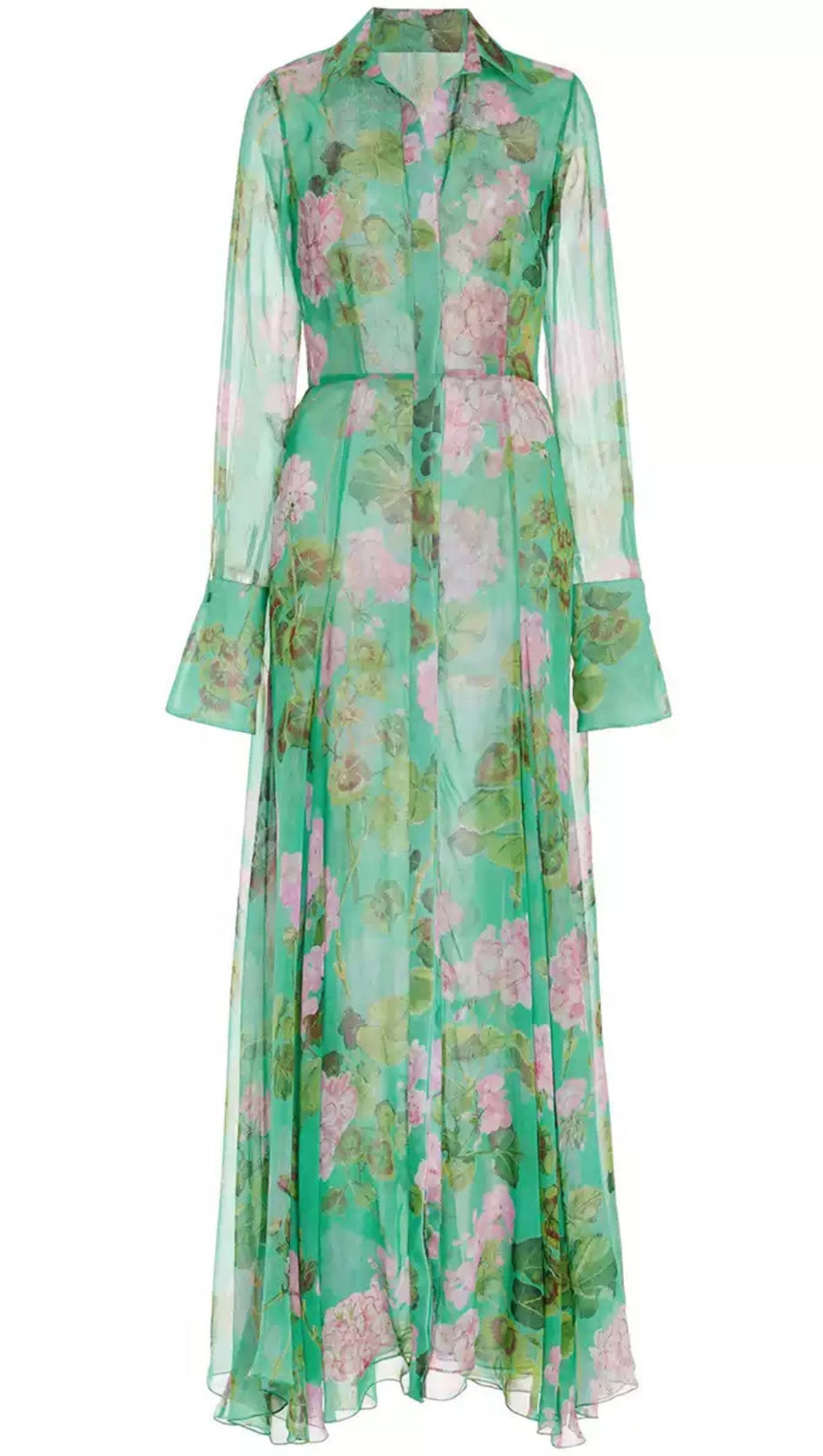GREEN SHEER FLORAL MAXI DRESS WITH SHIRT COLLAR