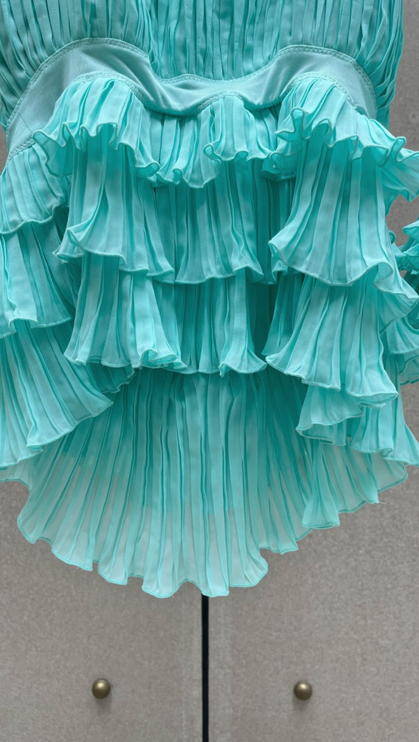 AIIZIE HALTER PLEATED RUFFLE MINI DRESS IN GREEN - product image