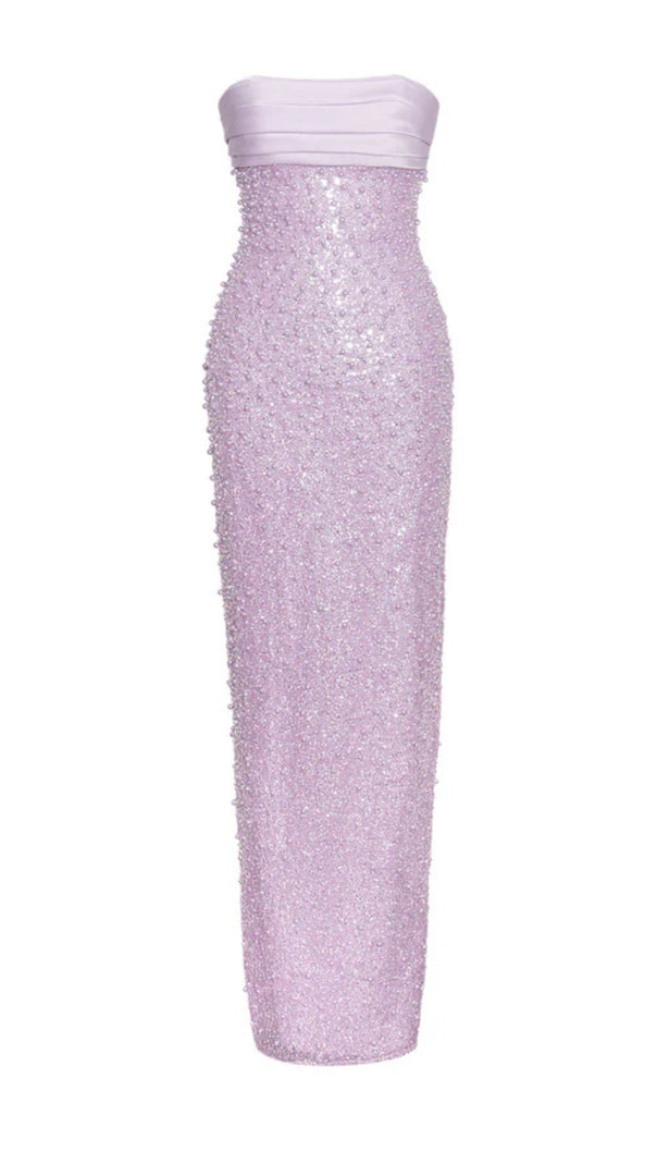 AIIZIE PINK SATIN SEQUIN PEARLS BEADED MAXI DRESS - product image