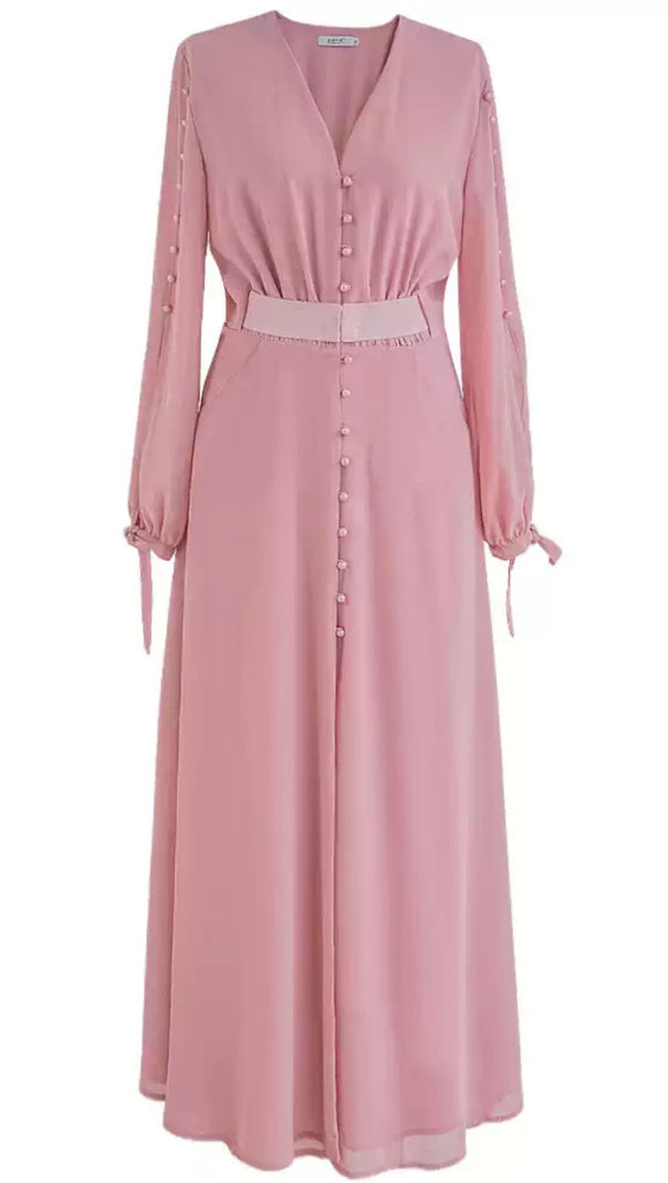 AIIZIE ELEGANT PINK MAXI DRESS WITH BUTTON FRONT AND BELTED WAIST - product image