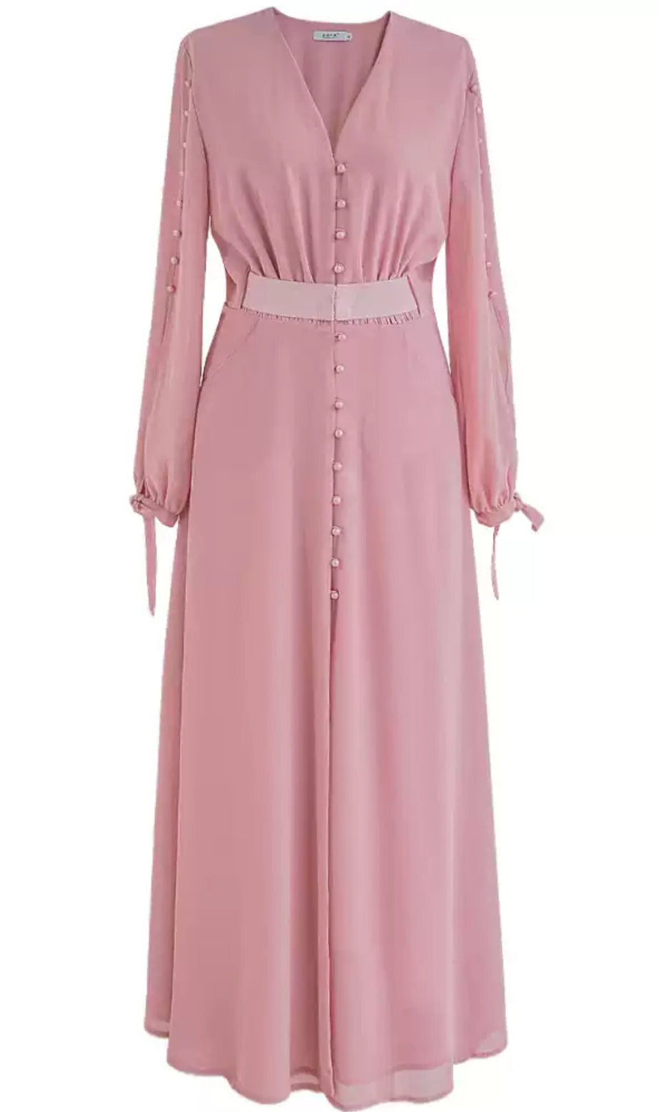 Elegante abito lungo rosa con bottoni sul davanti e cintura in vita 