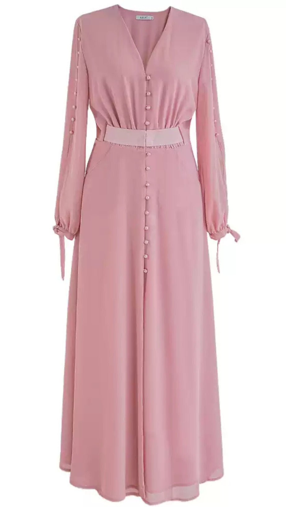 ELEGANT PINK MAXI DRESS WITH BUTTON FRONT AND BELTED WAIST
