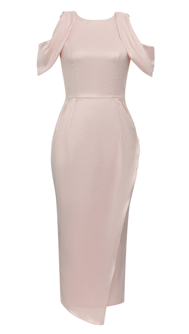 AIIZIE COLD - SHOULDER BOW - DETAIL SLIT MIDI DRESS IN LIGHT PINK - product image