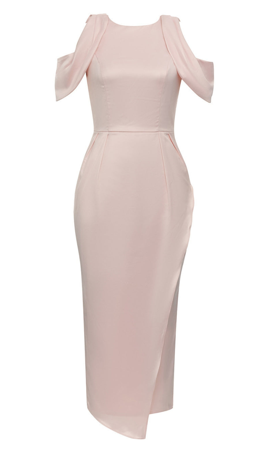 Cold - Shoulder Bow - Detail Slit Midi Dress in Light Pink