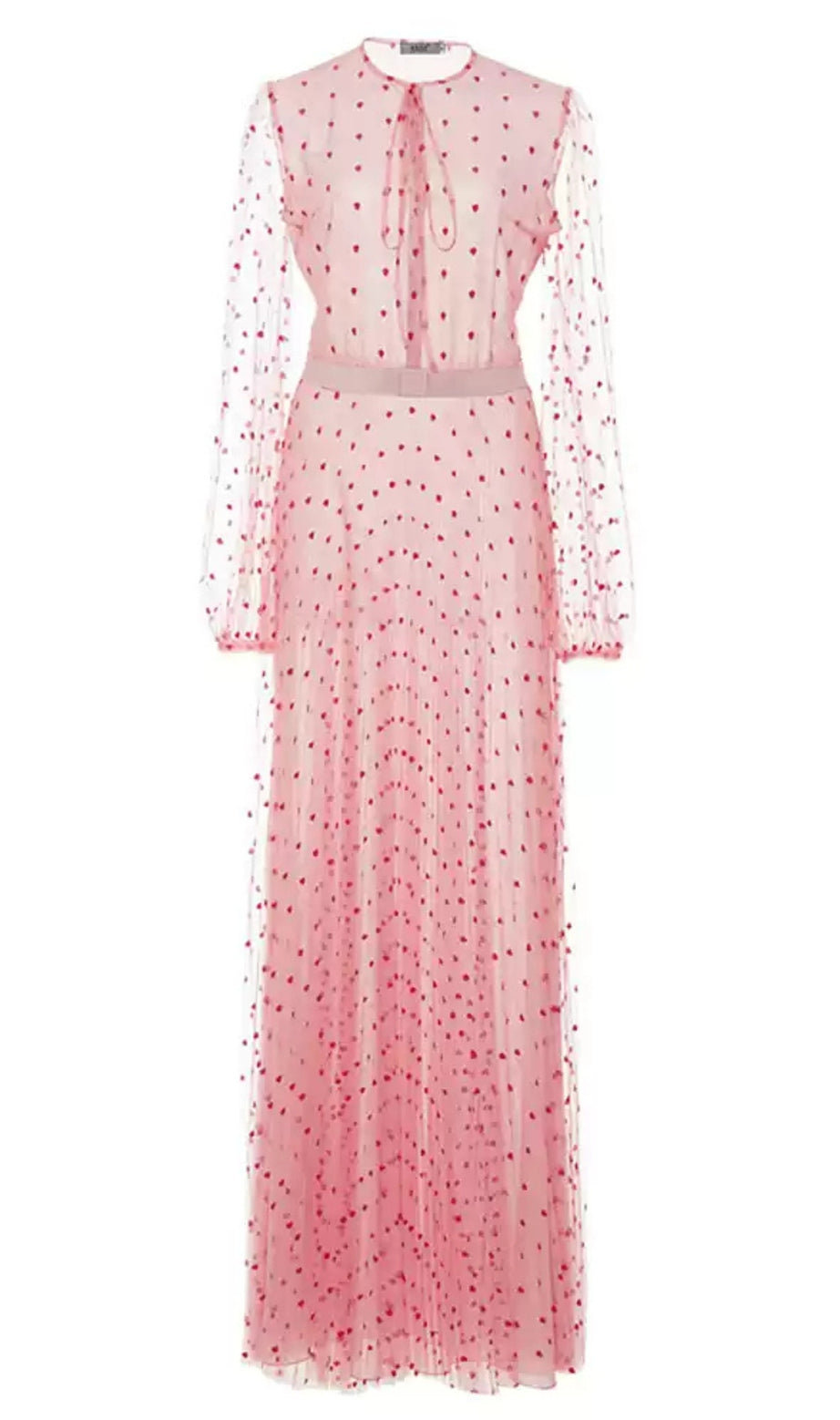Elegantes, durchsichtiges, gepunktetes Maxikleid in Rosa mit Bindeband am Ausschnitt 